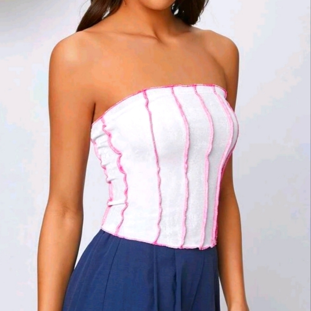 Tube Top White Pink Piping Summer Tee